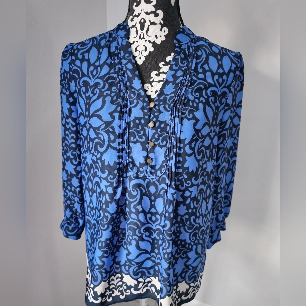 Banana Republic Blue Damask Print Popover Top Blouse Small - Picture 1 of 13
